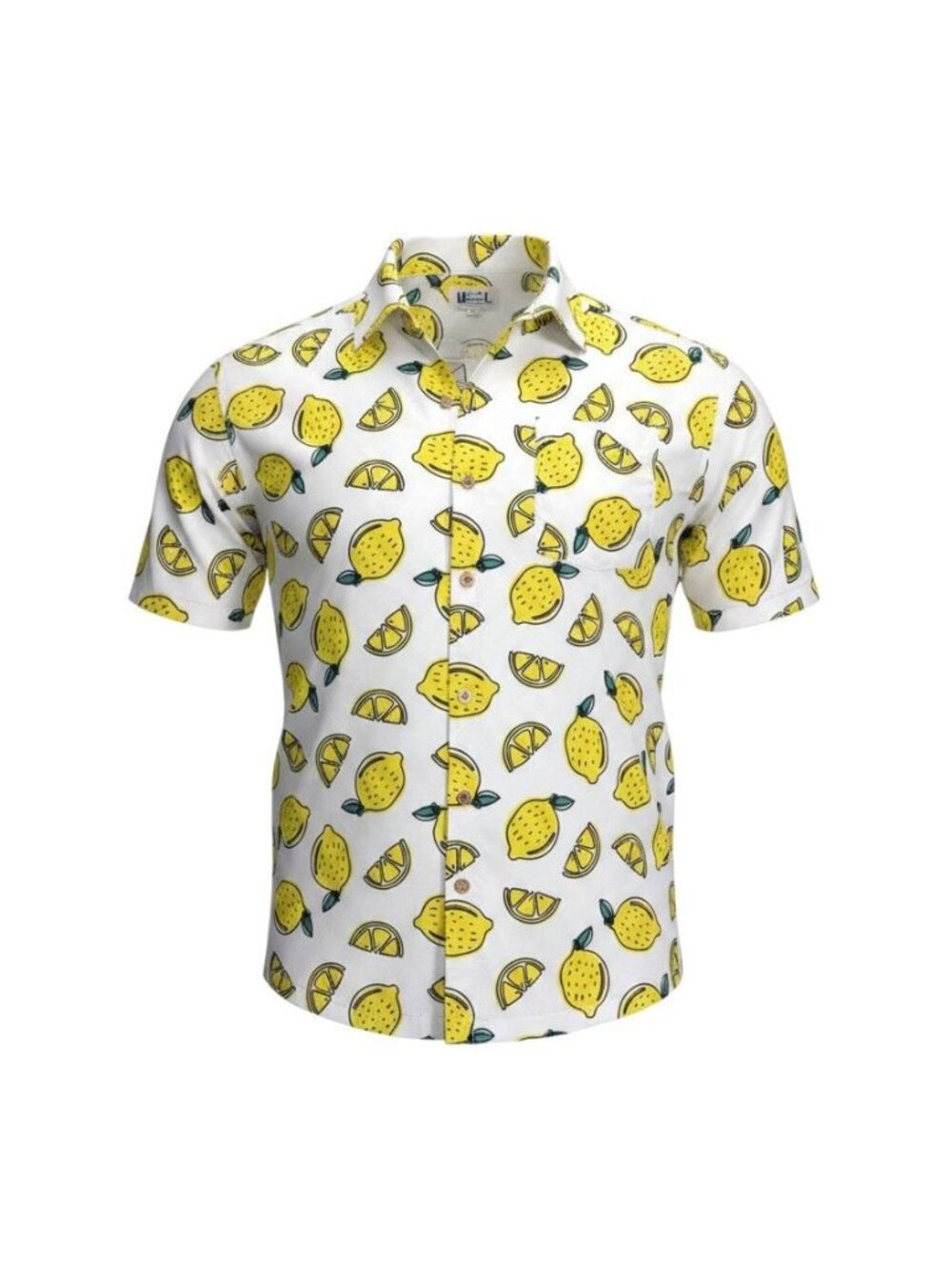 Uzzi Mens Lemon Print Short Sleeve Button-Up Shirt White & Yellow L